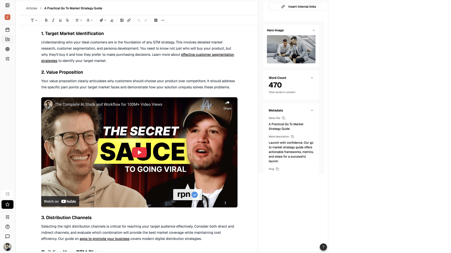 Fonzy article editor with SEO-optimized content and metadata