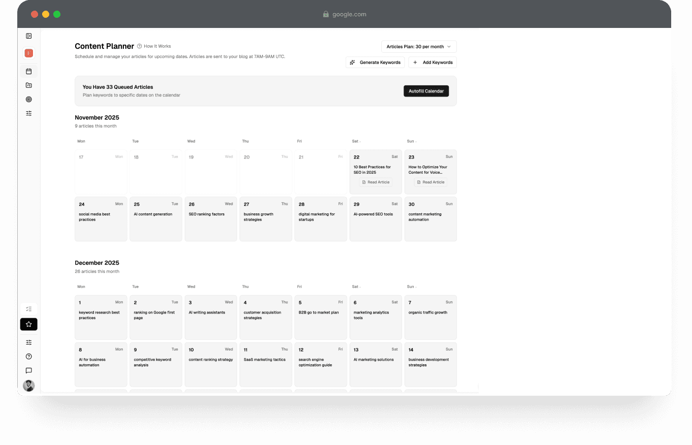 Fonzy content calendar with scheduled articles and keywords