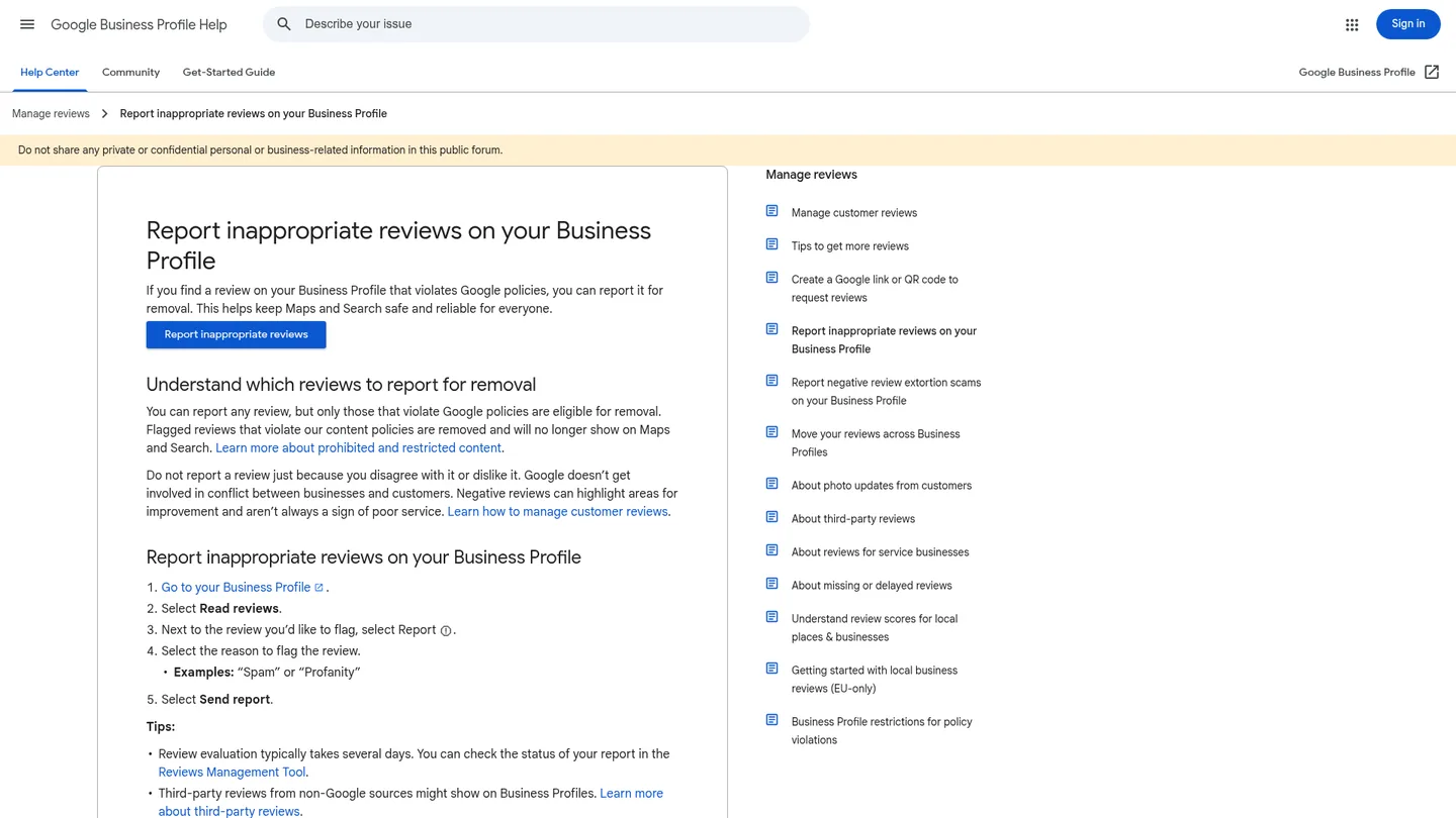 Google's official page on reporting a review for a policy violation