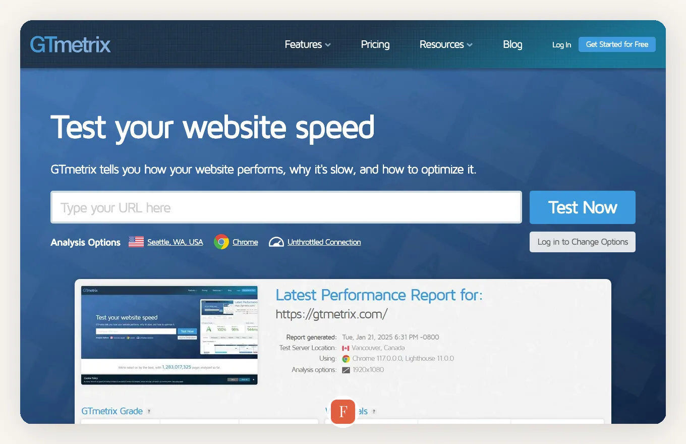 GTmetrix interface screenshot