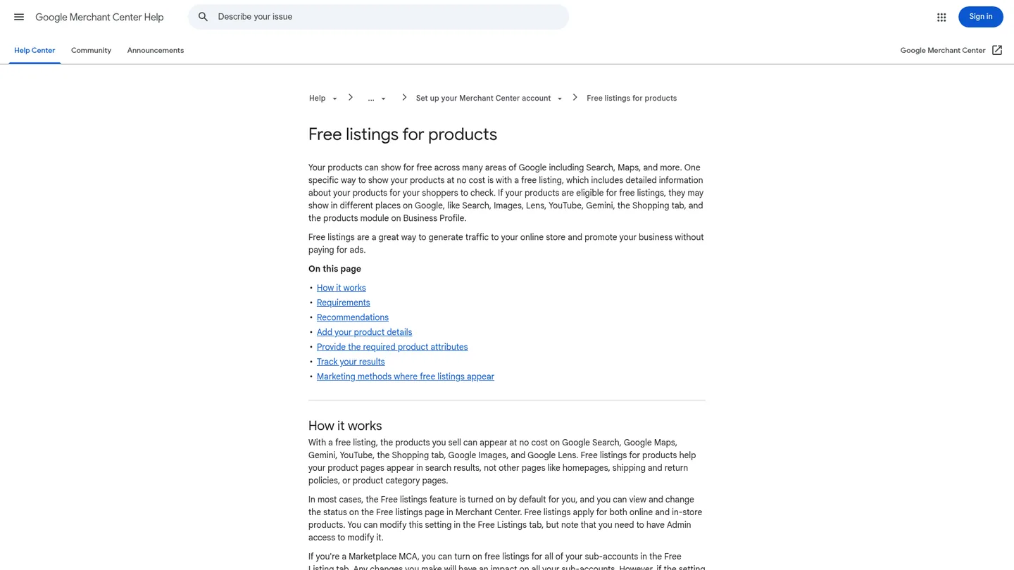 Google's Free listings for products help page