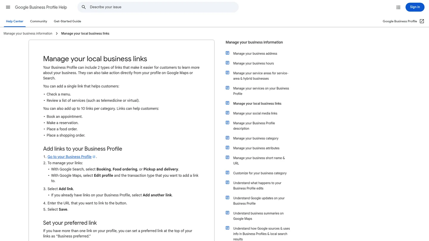 Google Business Profile Help page showing where to manage local business links including booking links