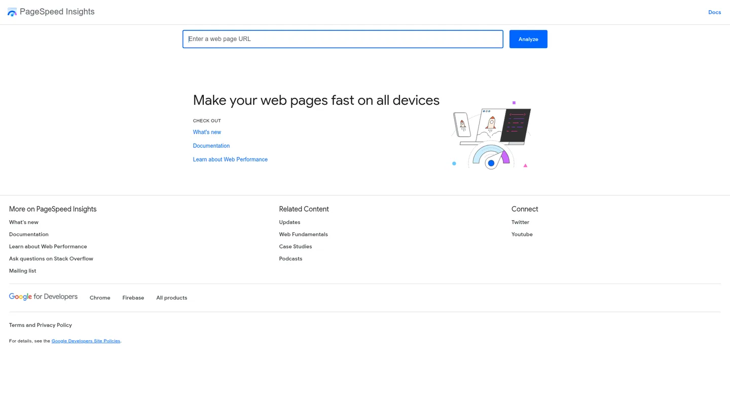 The Google PageSpeed Insights homepage where you paste your website URL to test its speed