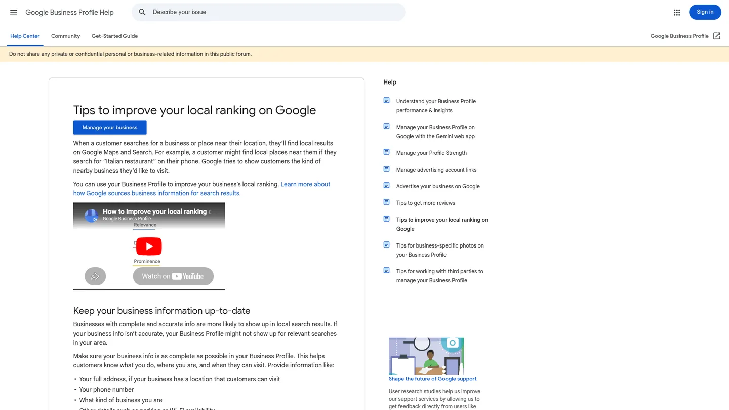 Google Business Profile Help page explaining relevance, distance, and prominence