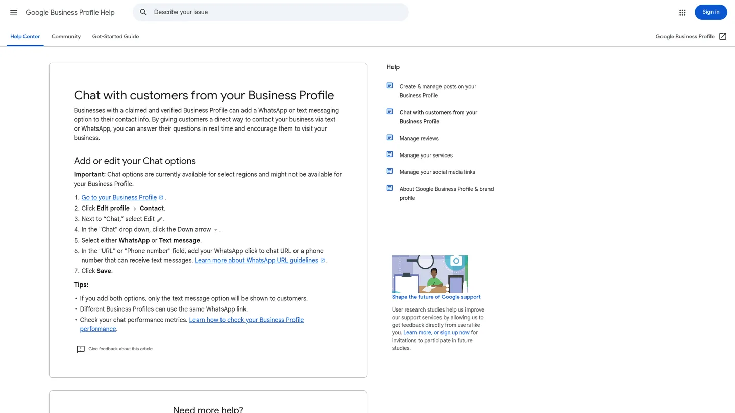 Google Business Profile Help page showing how to add a WhatsApp or Text message chat option under Edit profile, Contact, Chat.