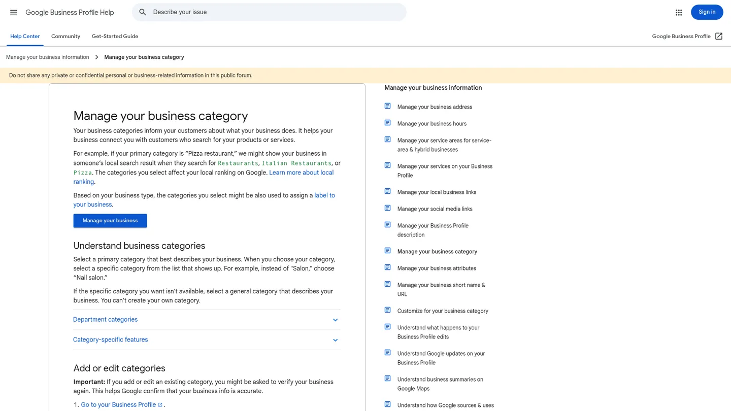 Google Business Profile Help page showing the rule that you cannot create your own category