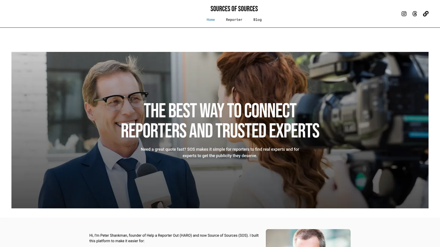 Source of Sources homepage, the free journalist-request newsletter that replaced HARO for small business owners