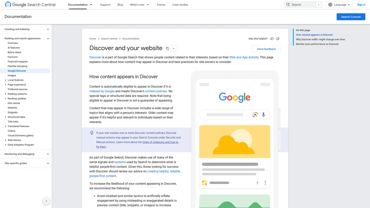 Google's Search Central documentation page explaining Google Discover