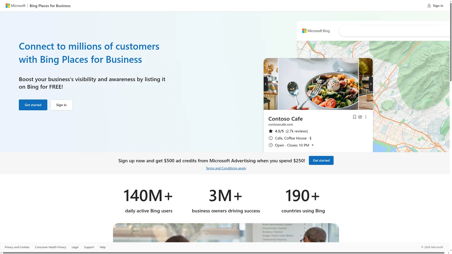 The Bing Places for Business landing page where you claim a free listing