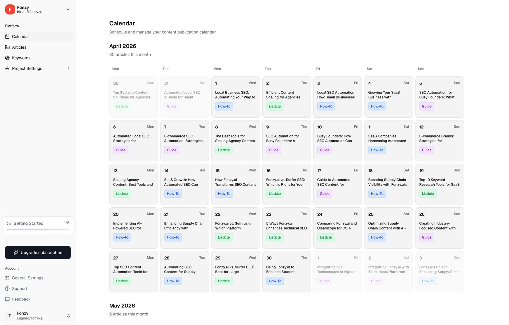 Fonzy content calendar showing 30 articles per month with article types